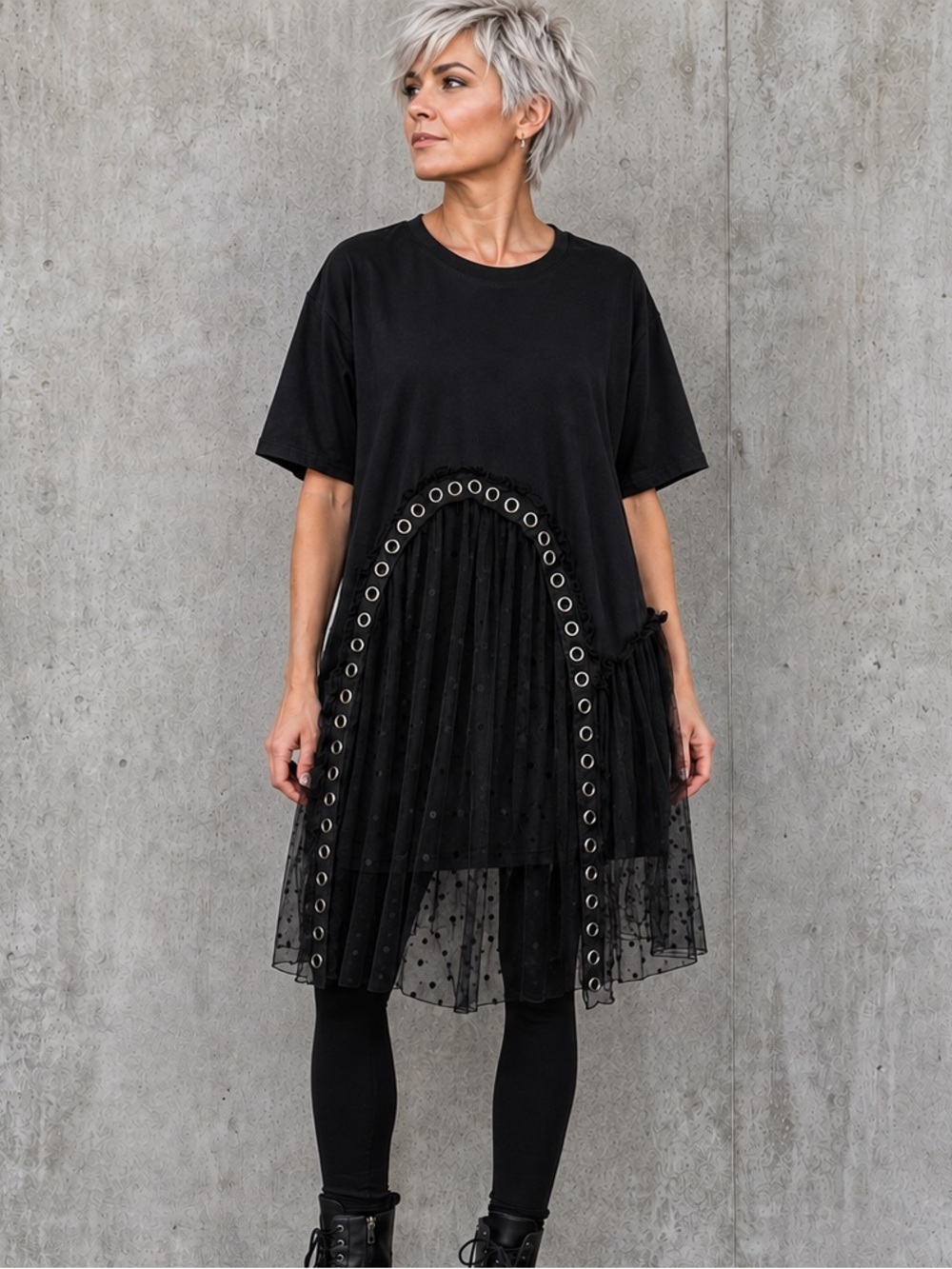 Kate Hewko Black Tulle Grommet Midi Tee Dress One Size
